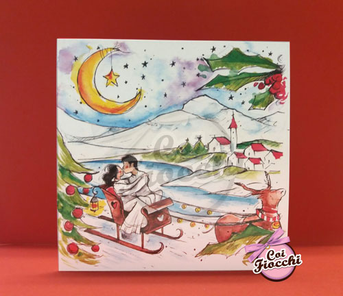 partecipazione-natalizia-illustrata-acquerello con gli sposi sulla slitta e paesaggio innevato a tema natalizio