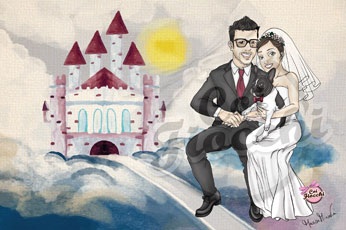 scenario per servizio fotografico del matrimonio con caricatura manga degli sposi e sullo sfondo un castello da fiaba