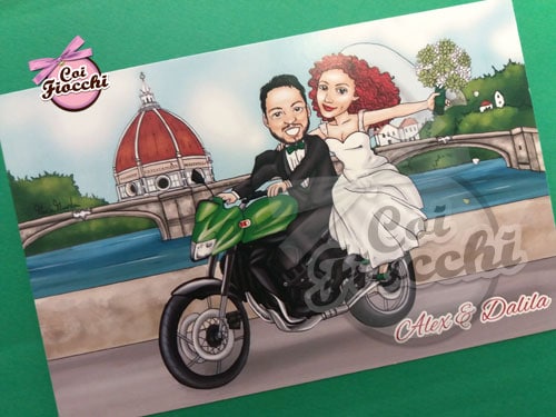 partecipazioni-matrimonio a tema viaggio con-caricature sposi su moto e firenze come sfondo