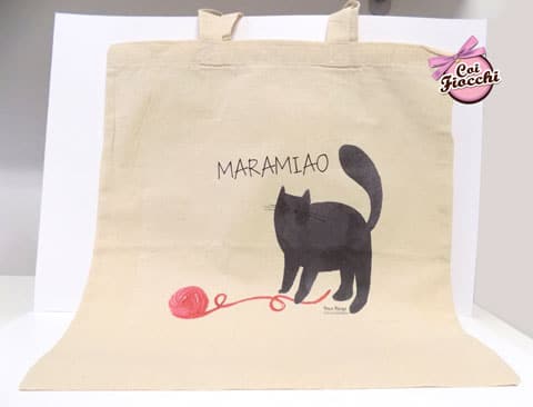 borsa-shopper- in cotone biologico con gatto-nero e gomitolo