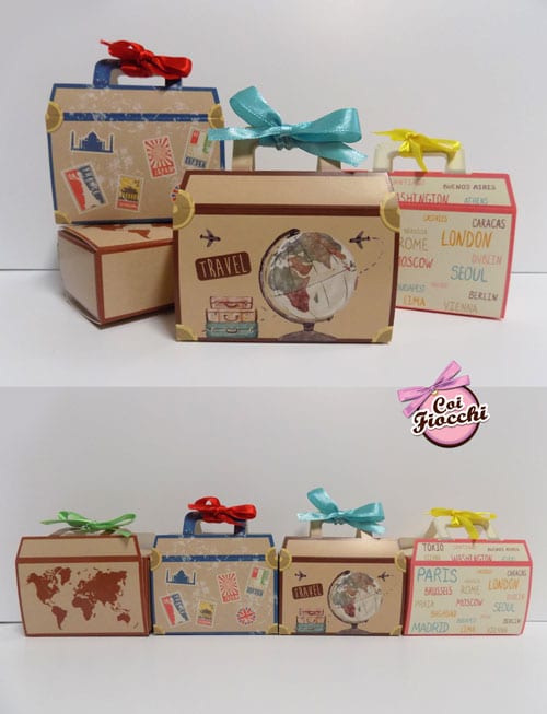 scatoline segnaposto a forma di valigetta vintage con fiocchetto di raso colorato