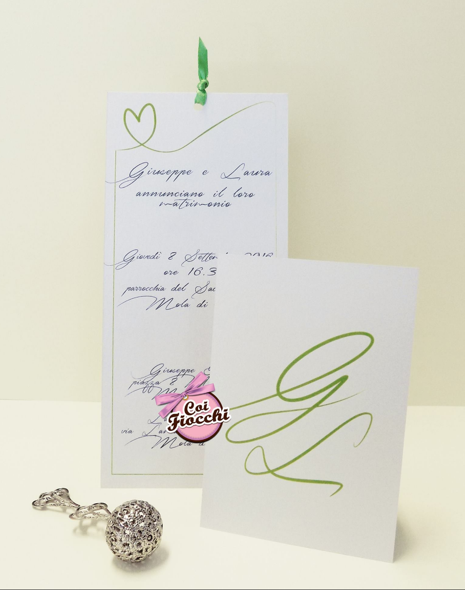 partecipazione nozze formato segnalibro semplice con iniziali sposi colore verde