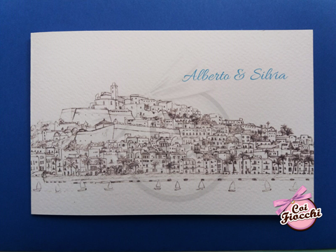partecipazione nozze a tema viaggio disegno Ibiza