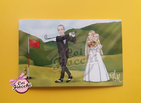 partecipazione con caricatura sposi golf