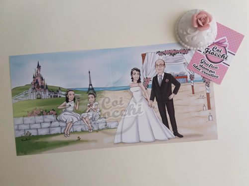partecipazione nozze con caricatura sposi stile principesse disney con castello e gazebo