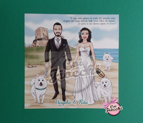 Partecipazione nozze simpatica con caricatura degli sposi in spiaggia con i loro cagnolini.