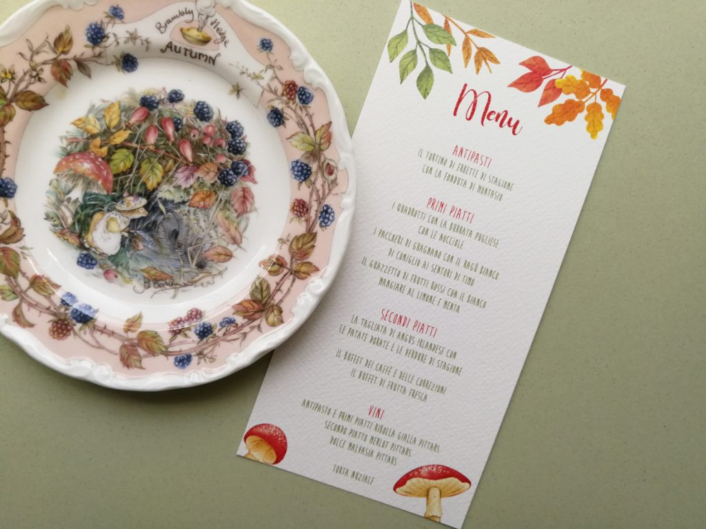 menu matrimonio tema autunno con foglie e funghetti