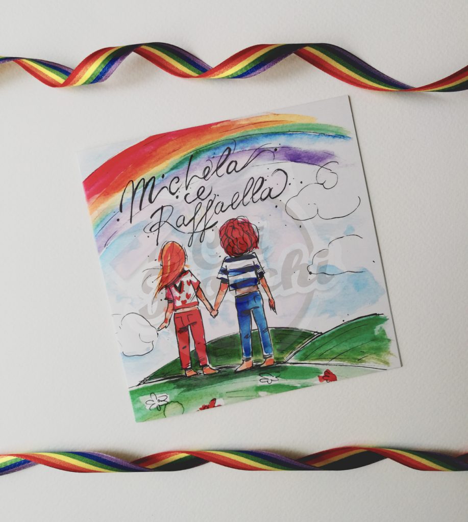 invito per unione civile con disegno ad acquerello di donne con arcobaleno