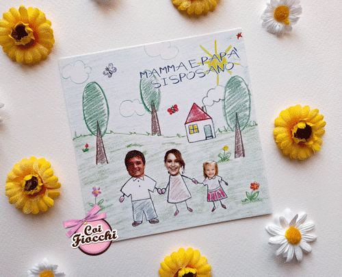 invito nozze con disegno infantile personalizzato con le foto degli sposi