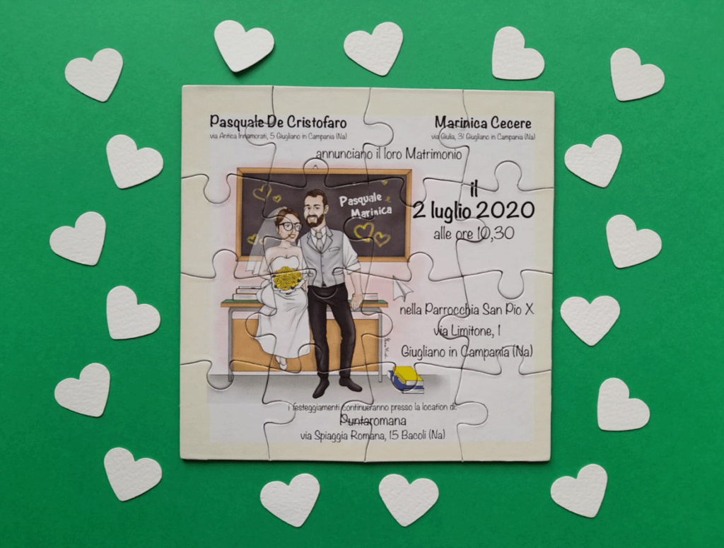 partecipazione matrimonio puzzle con caricatura manga degli sposi