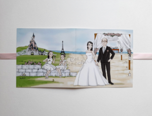 partecipazione matrimonio con caricatura della famiglia in stile manga