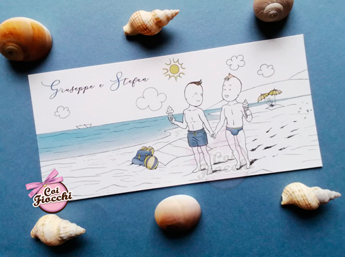 invito per matrimonio gay con sposini disegnati in spiaggia