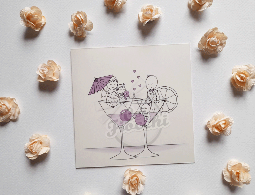 partecipazione disegno stilizzato sposi e bambini in bicchieri da cocktail