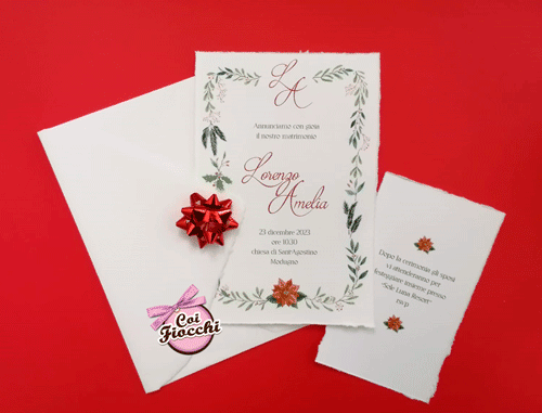 Partecipazione nozze acquerello con ghirlanda natalizia su carta amalfitana