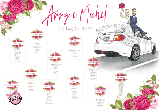 tableau matrimonio fiori e caricatura sposi con i nomi delle auto