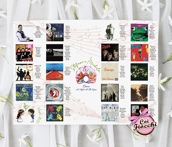 tableau mariage a tema musica con le copertine dei dischi amati dagli sposi
