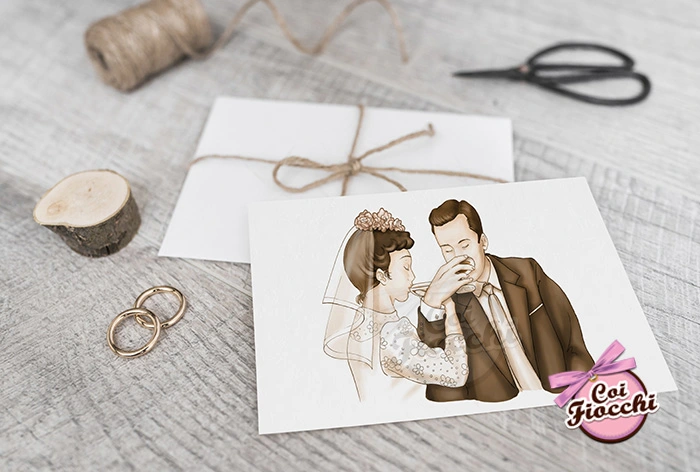 Inviti 50 anni di matrimonio con disegno di una vecchia foto degli sposi