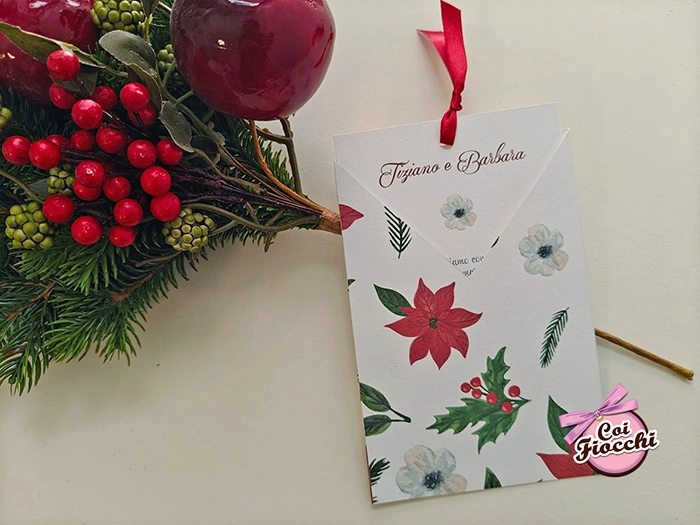 invito di matrimonio con soggetti natalizi in formato tasca.