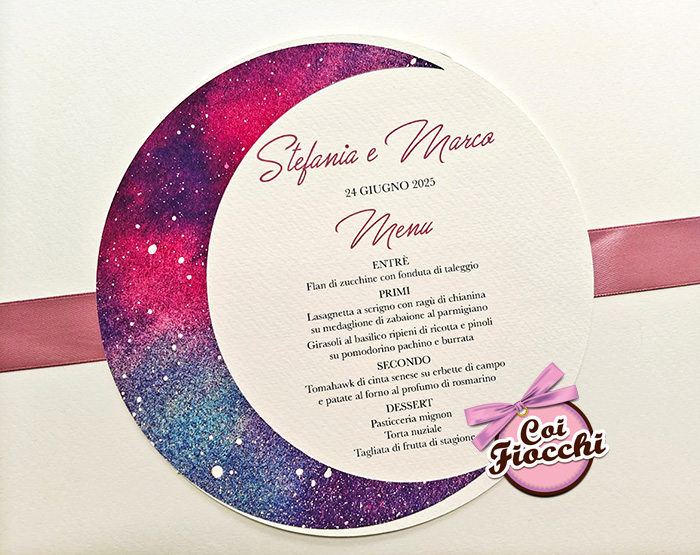 cartoncinino menu matrimonio rotondo tema universo con luna
