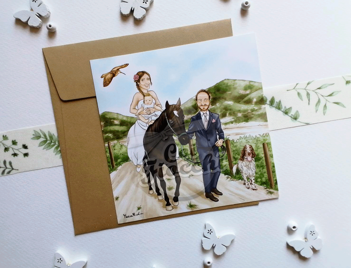 partecipazione nozze con caricatura degli sposi a cavallo insieme alla figlia e al cane