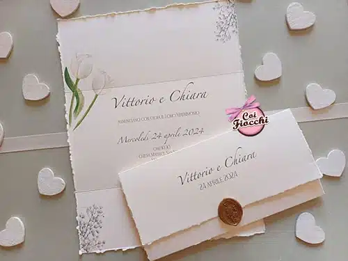 partecipazioni vintage matrimonio elegante con tulipani bianchi e ceralacca.