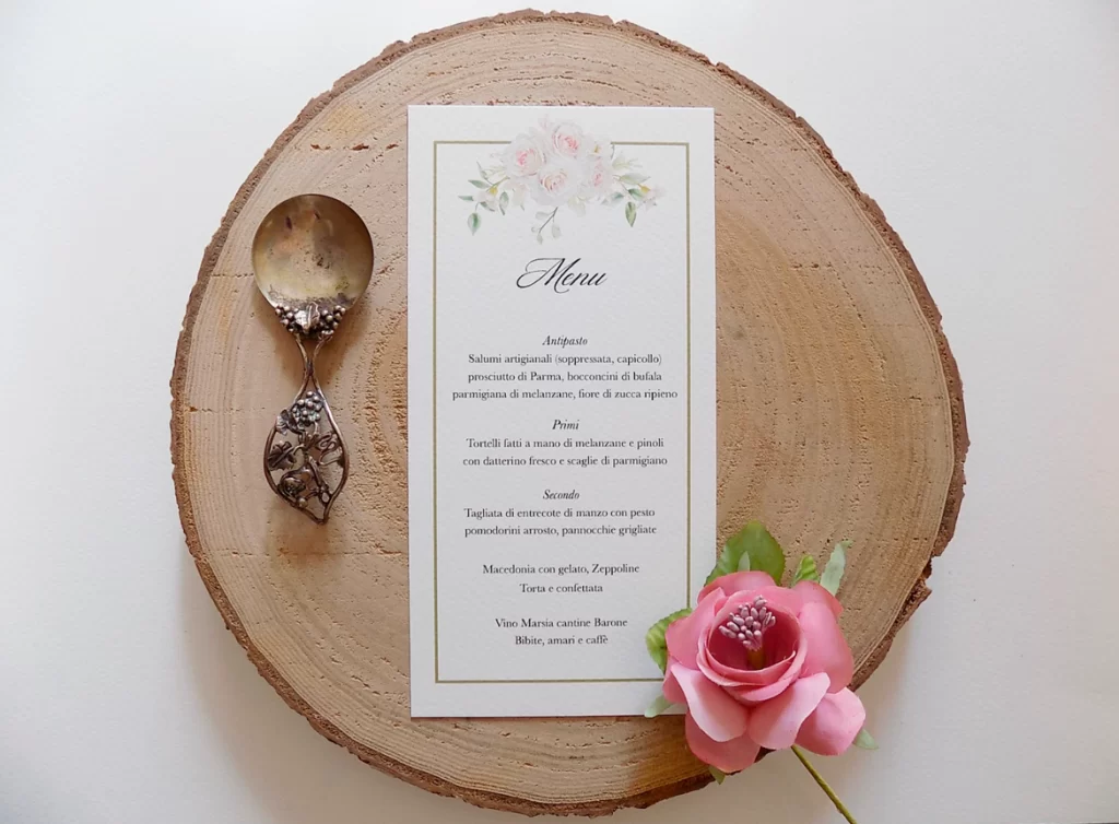 cartoncino menu matrimonio elegante con rose