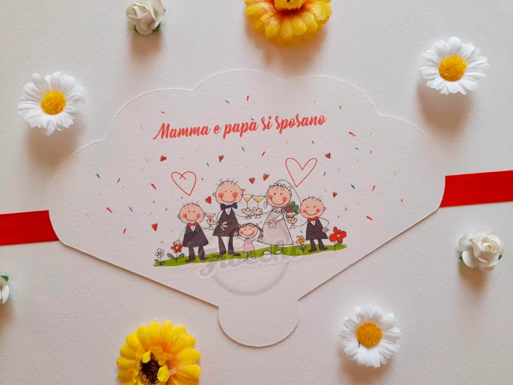 ventaglio matrimonio cartoncino con sposi stilizzati con figli