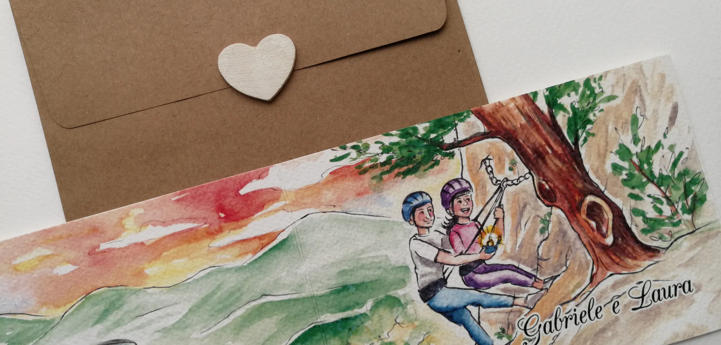 partecipazioni matrimonio personalizzate con disegno ad acquerello coppia di scalatori per invito