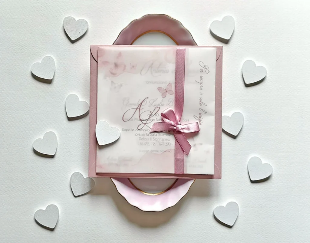 partecipazione elegante per matrimonio tema farfalle toni rosa antico