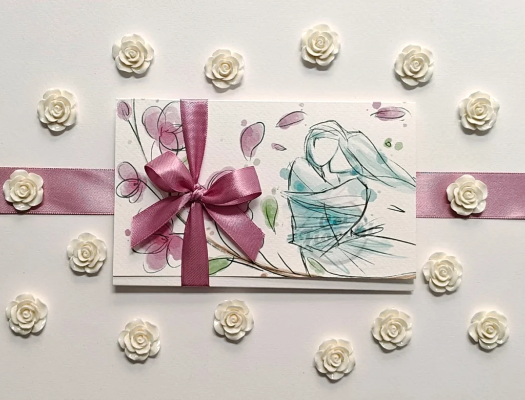 partecipazione con disegno acquerello romantico sposi e fiori di ciliegio