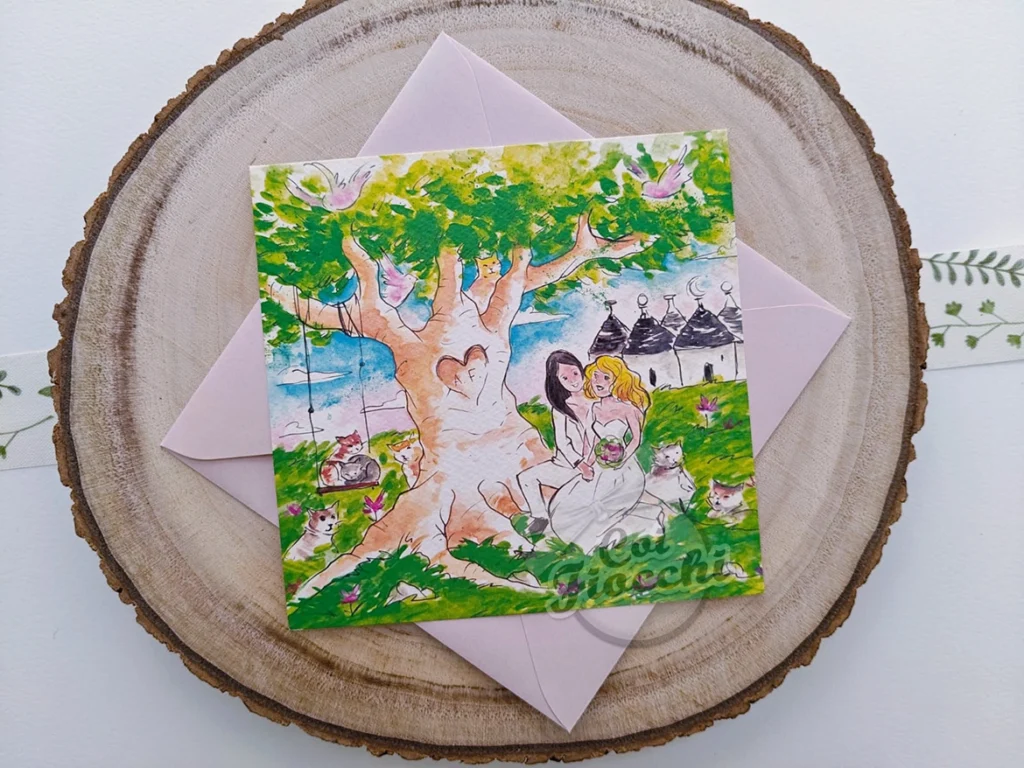 partecipazione con disegno acquerello ulivo e trulli tema puglia