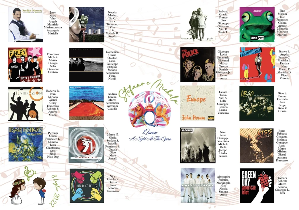 tableau mariage tema musica con copertine di dischi famosi