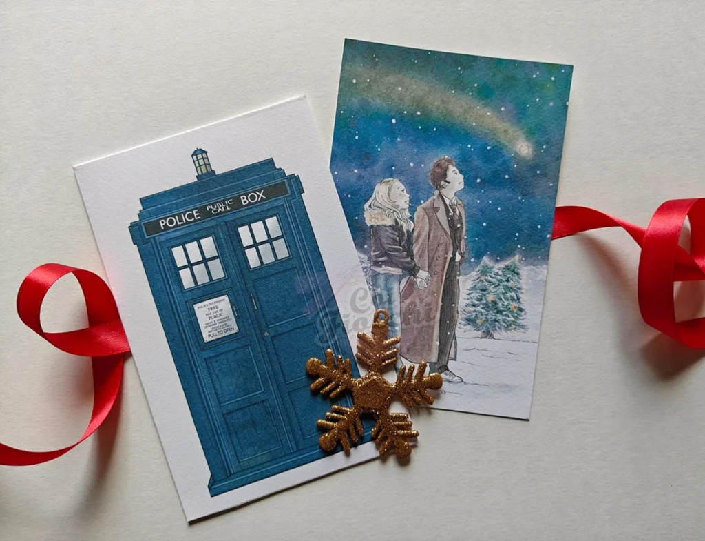 partecipazione con disegno acquerello tema dottor who con tardis ten e rose